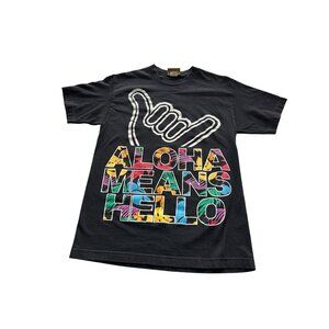Vintage Aloha Means Hello Black T-Shirt Colorful Graphics Shaka Fitted Medium